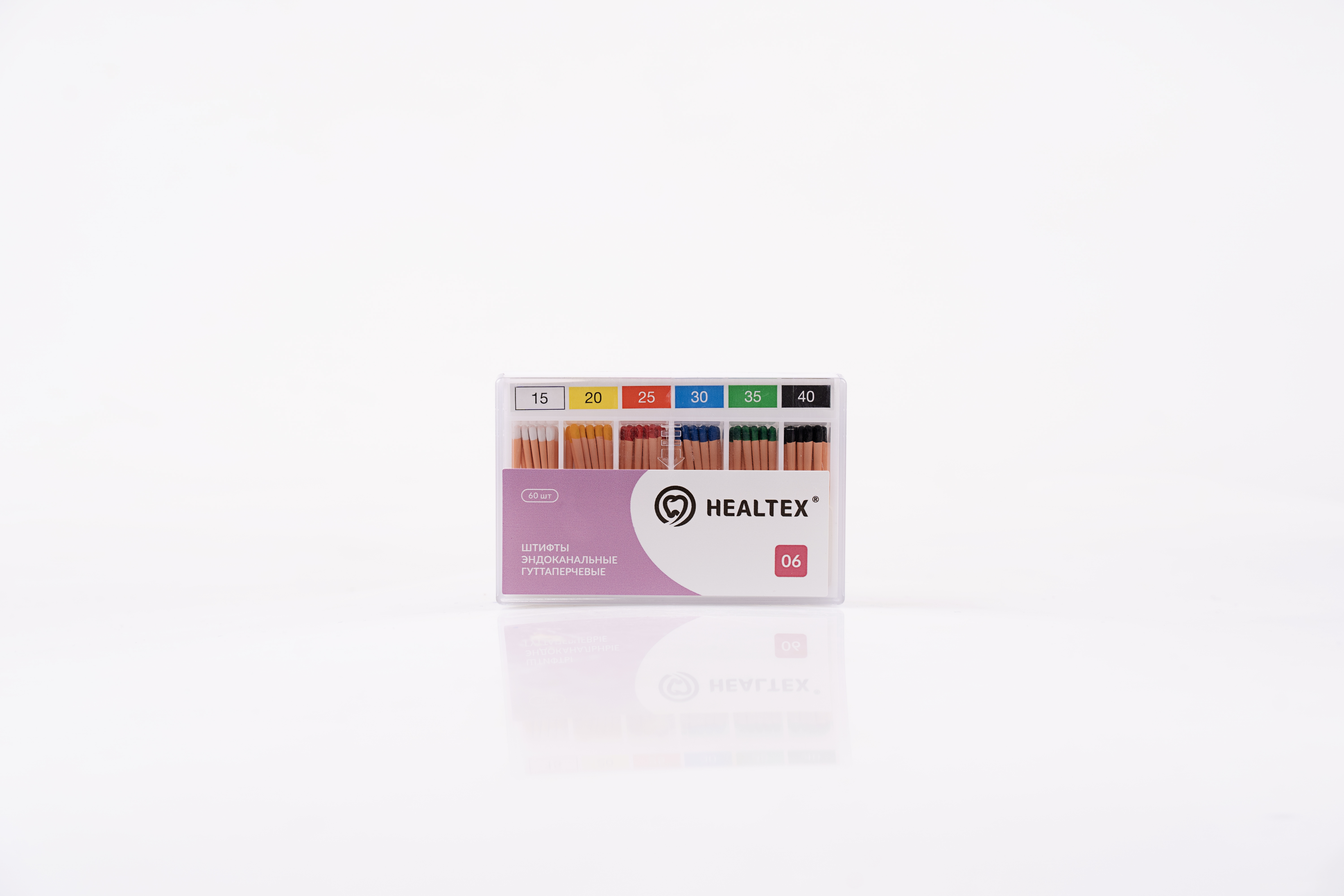 Штифты эндоканальные гуттаперчевые Healtex набор GST15-40/6 Kit конусность 06, размеры 15-40, 60 шт.