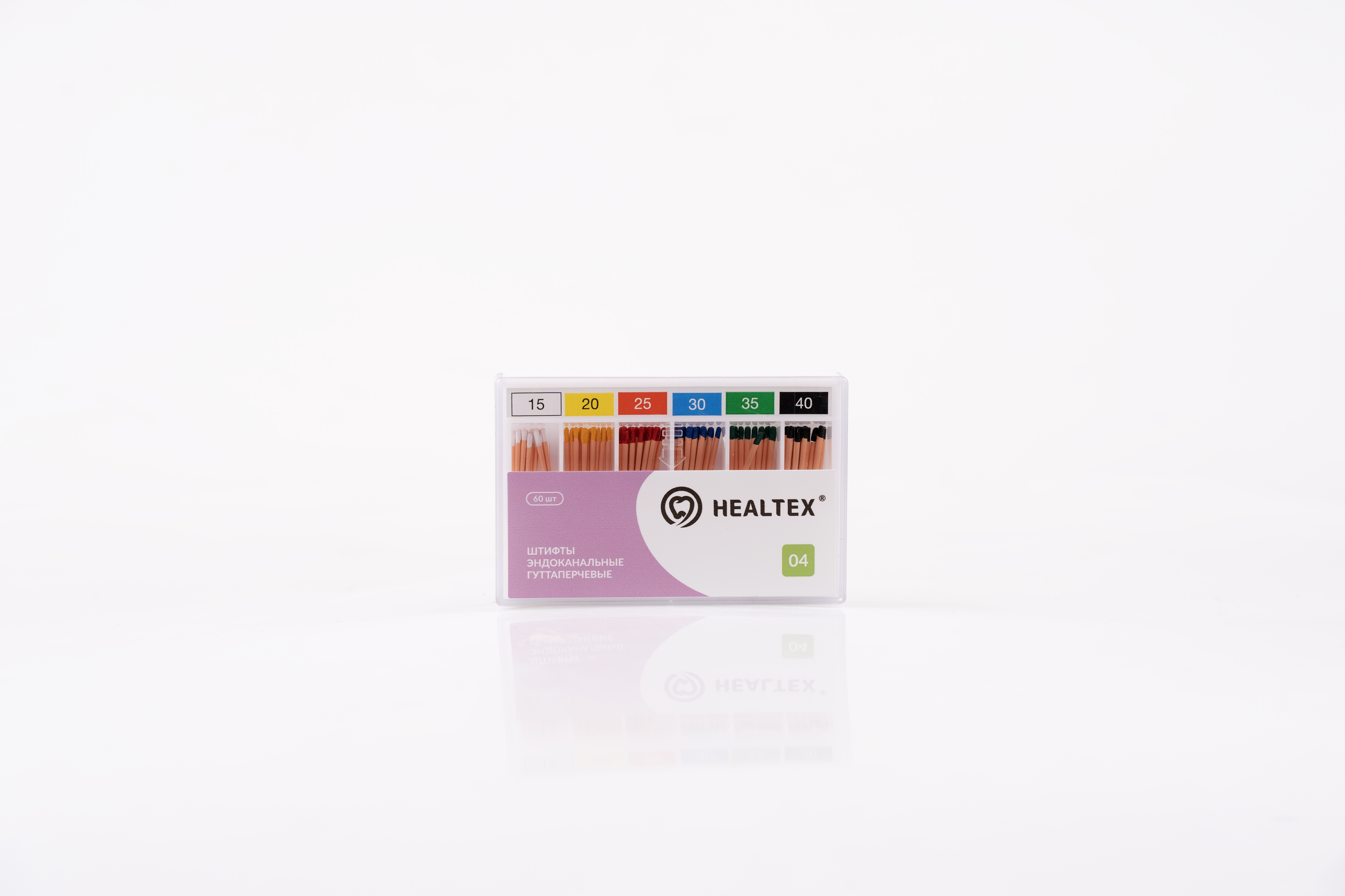 Штифты эндоканальные гуттаперчевые Healtex набор GST15-40/4 Kit конусность 04, размеры 15-40, 60 шт.
