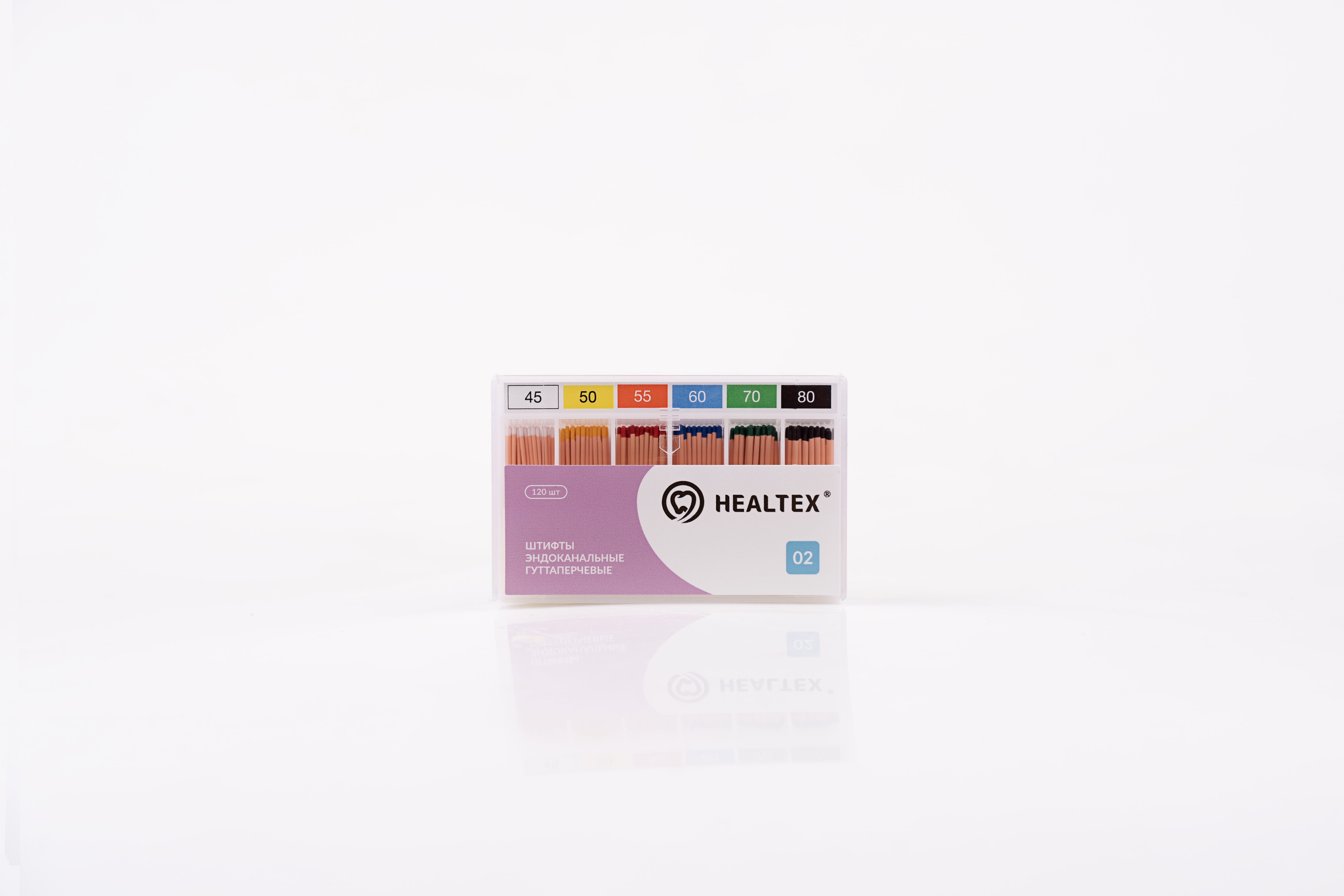 Штифты эндоканальные гуттаперчевые Healtex набор GST45-80/2 Kit конусность 02, размеры 45-80, 120 шт.