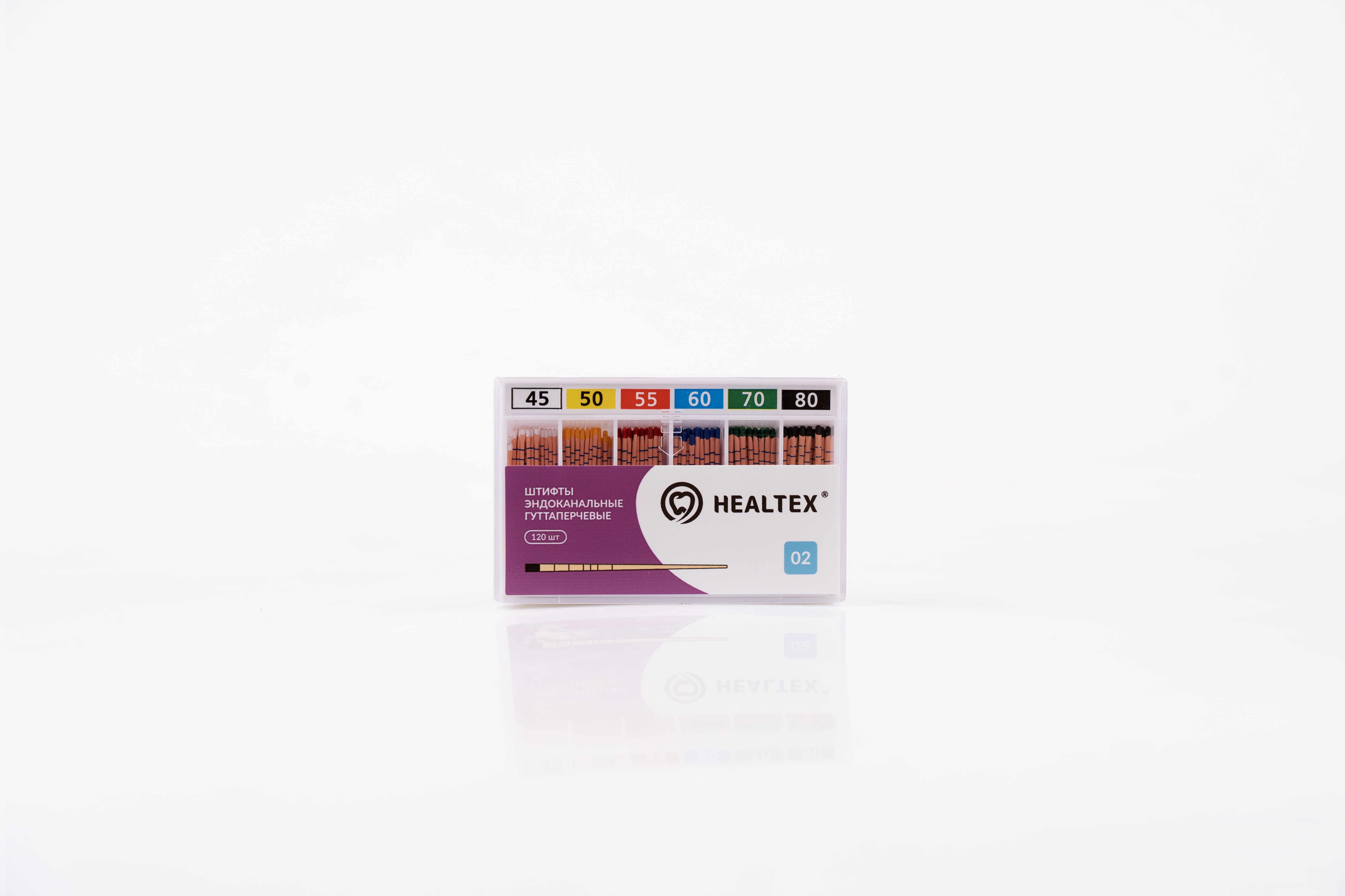Штифты эндоканальные гуттаперчевые Healtex набор GMM45-80/2 Kit с маркировкой длины, конусность 02, размеры 45-80, 120 шт